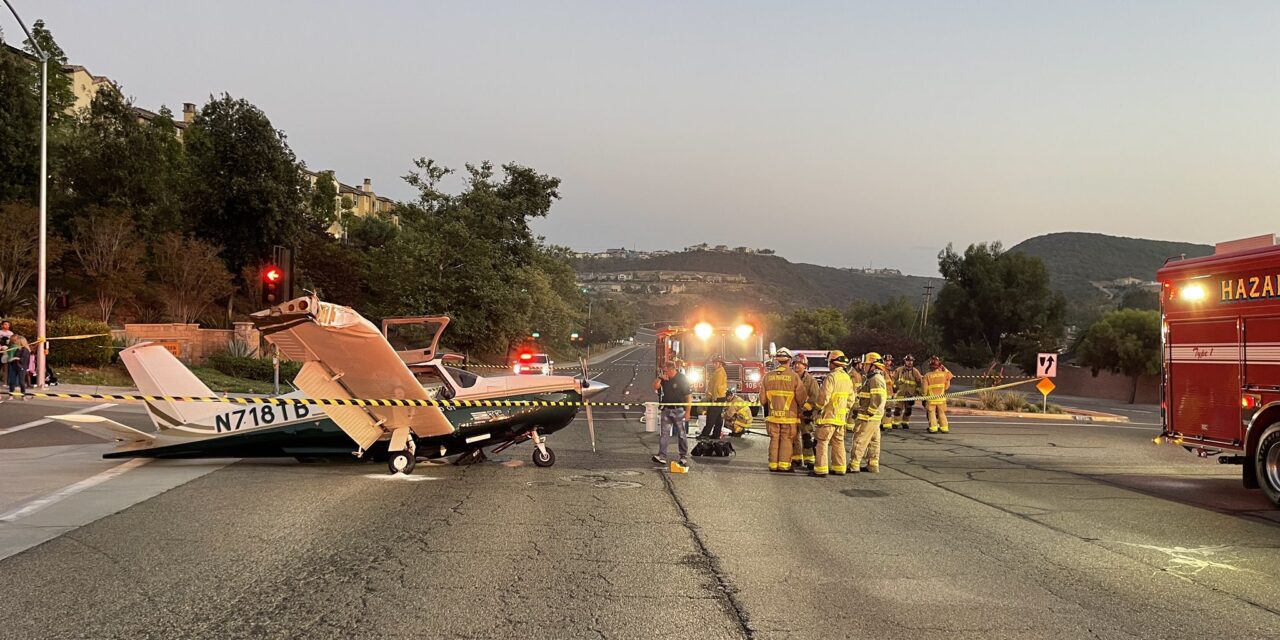 Small aircraft conducts an emergency landing at an intersection in San Marcos