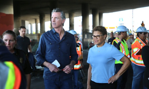 Gov. Newsom surveys damage to I-10 freeway after storage yard fire