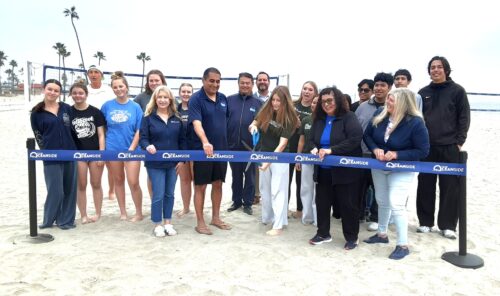 Oceanside Mayor Esther Sanchez, Visit Oceanside President and CEO Leslee Gaul, and student athletes from Oceanside High School, Coastal Academy, and Mission Vista High School attend a ribbon-cutting ceremony of four new beach volleyball courts at Harbor Beach. Photo: Gina Yarbrough/San Diego County News
